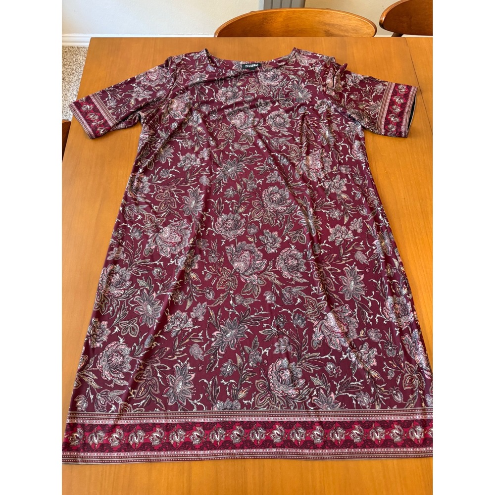 Roz & Ali 2X Floral Paisley Print Knit Dress Burgundy Red Casual Short Sleeve